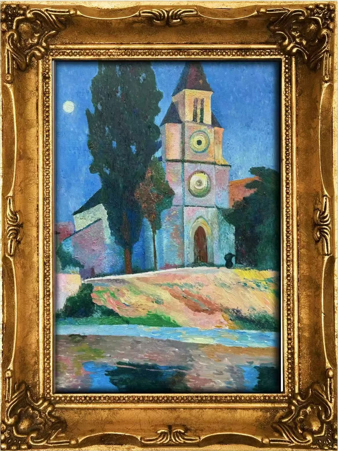 Moonlit Church by the River